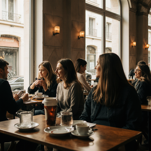 Mesas com clientes, sorrindo.